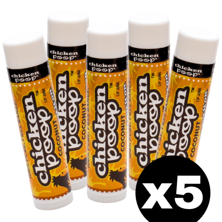 A small pile of five tubes of Chicken Poop® COCONUT Lip Balm, with branding visible on the tubes.
