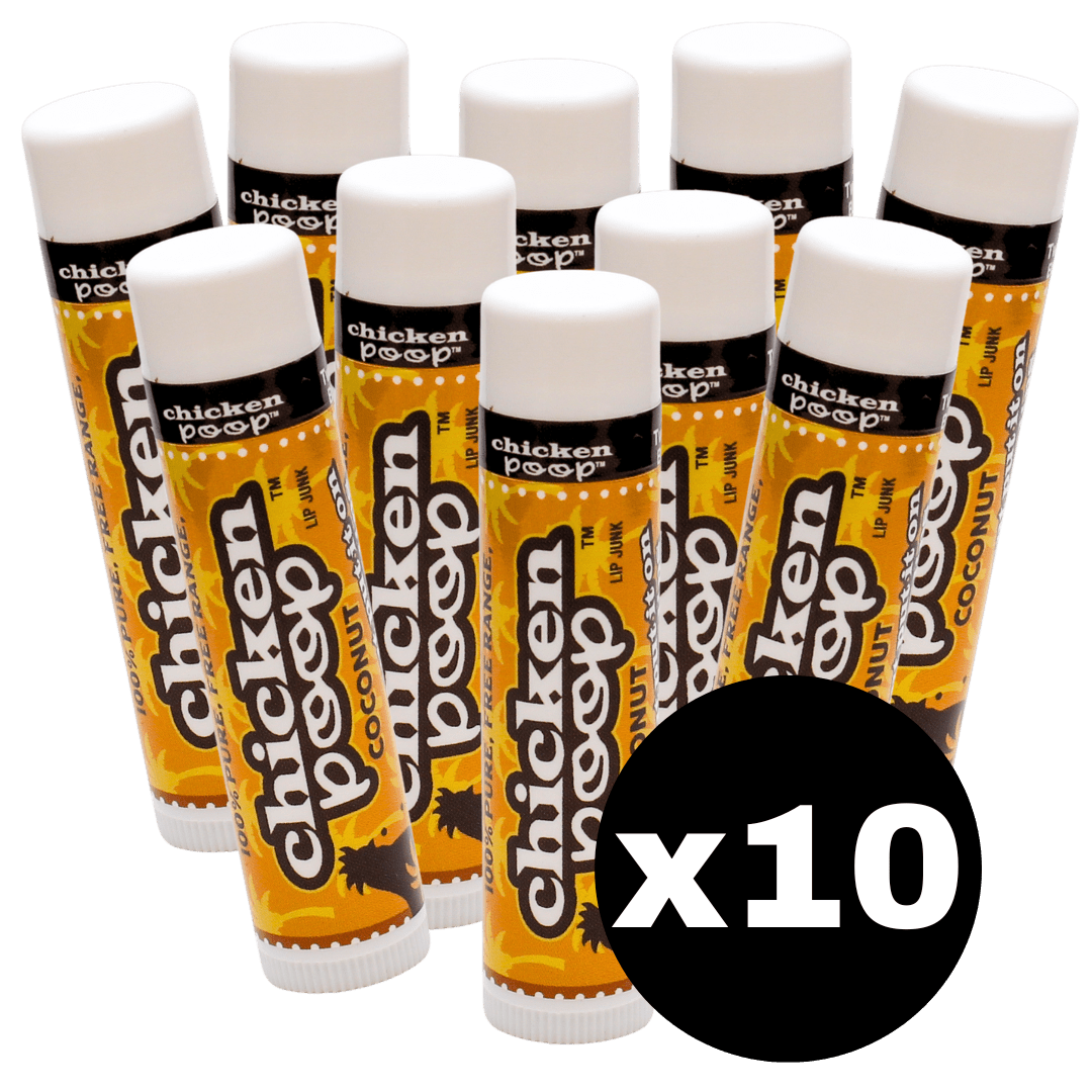 Big Pile of TEN Chicken Poop® COCONUT, All Natural Lip Balms - Chicken Poop Lip Junk