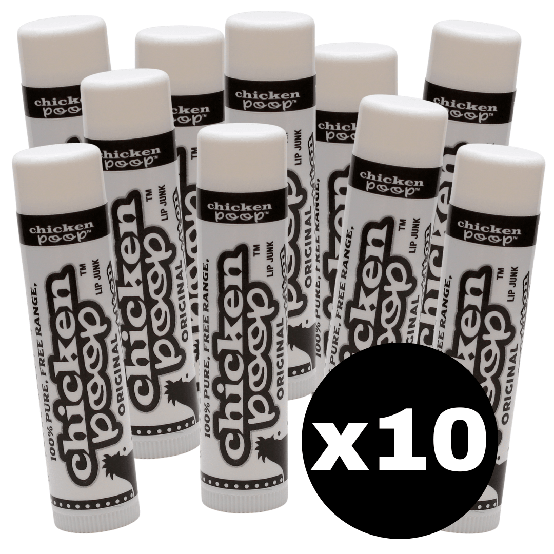 Big Pile of TEN Chicken Poop® ORIGINAL, All Natural Lip Balms - Chicken Poop Lip Junk