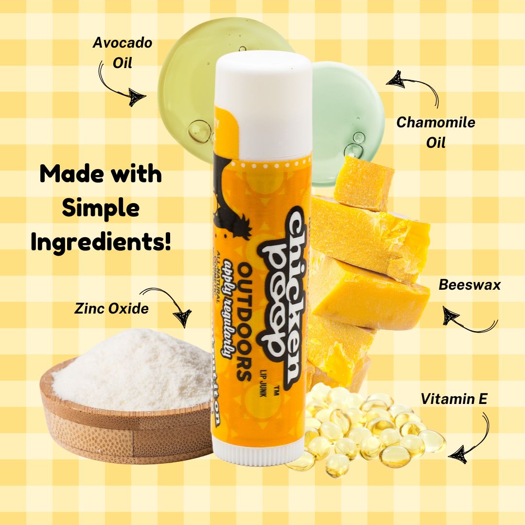 Big Pile of TEN Chicken Poop® SPF 35 OUTDOOR, All Natural, Reef Safe Lip Balms - Chicken Poop Lip Junk