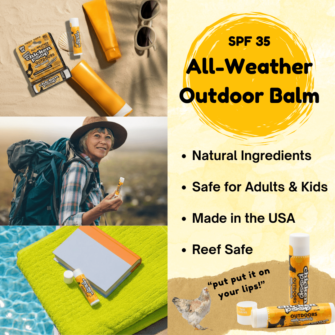 Big Pile of TEN Chicken Poop® SPF 35 OUTDOOR, All Natural, Reef Safe Lip Balms - Chicken Poop Lip Junk