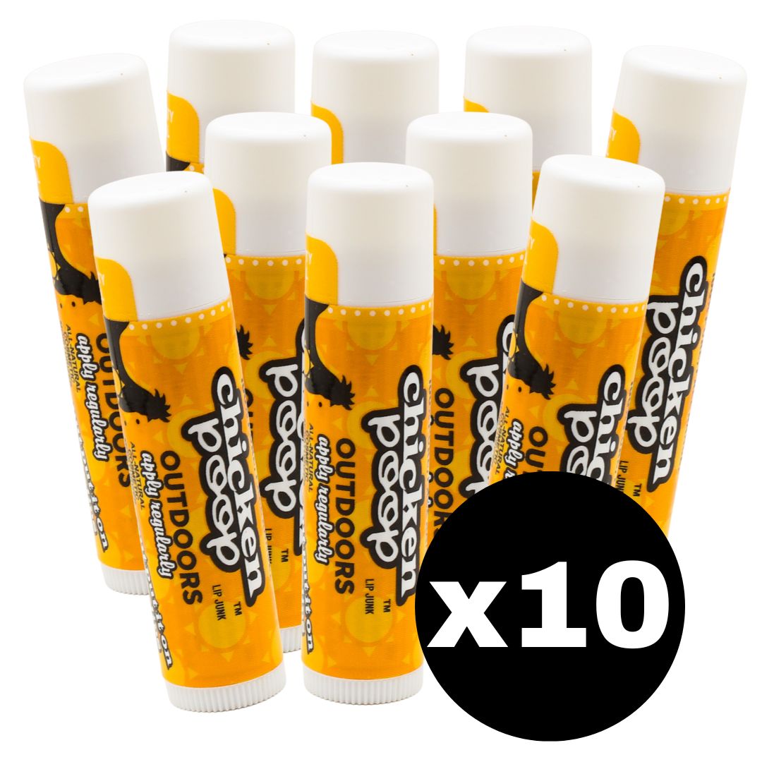 Big Pile of TEN Chicken Poop® SPF 35 OUTDOOR, All Natural, Reef Safe Lip Balms - Chicken Poop Lip Junk